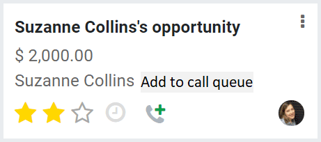A 300code CRM opportunity card with option to add contact to call queue