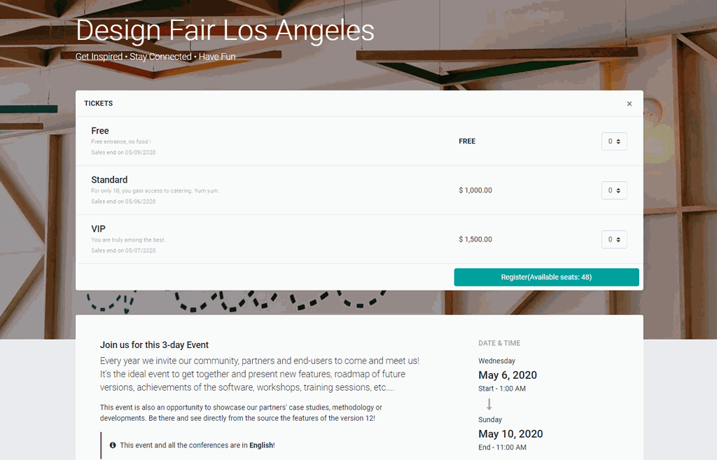 300code Events frontend interface showing different types of tickets for a Design Fair