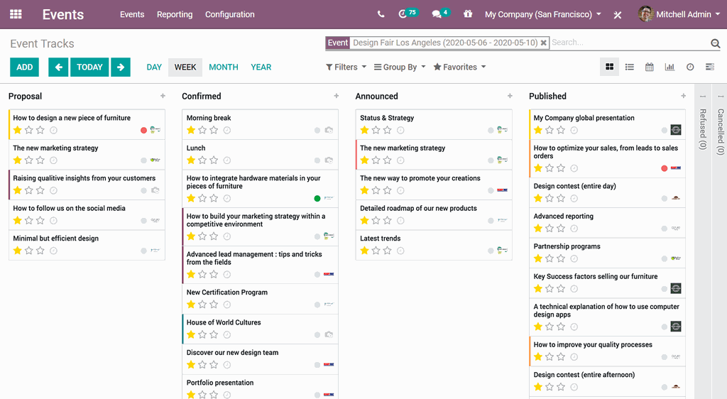300code Events interface - Event tracks in kanban view